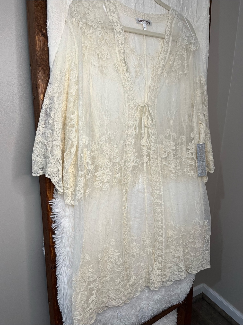 NWT KONTROL Ivory Floral Lace Kimono Duster – Boho Bridal - Picture 2 of 5